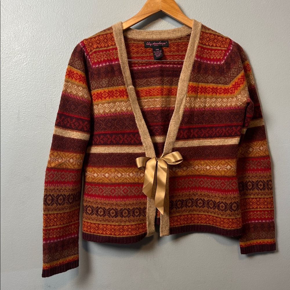 VTG Lily Stanhope Petite Fair Isle wool cardigan sweater ribbon tie closure.